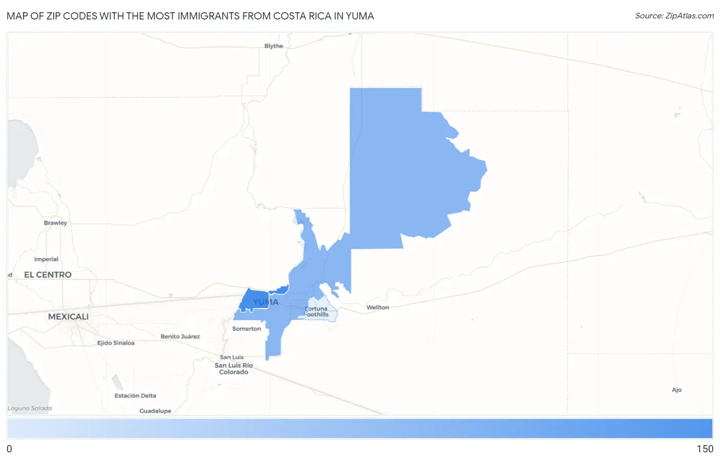 Zip Codes with the Most Immigrants from Costa Rica in Yuma Map