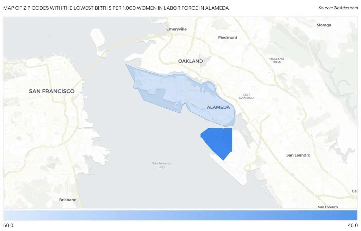Zip Codes with the Lowest Births per 1,000 Women in Labor Force in Alameda Map