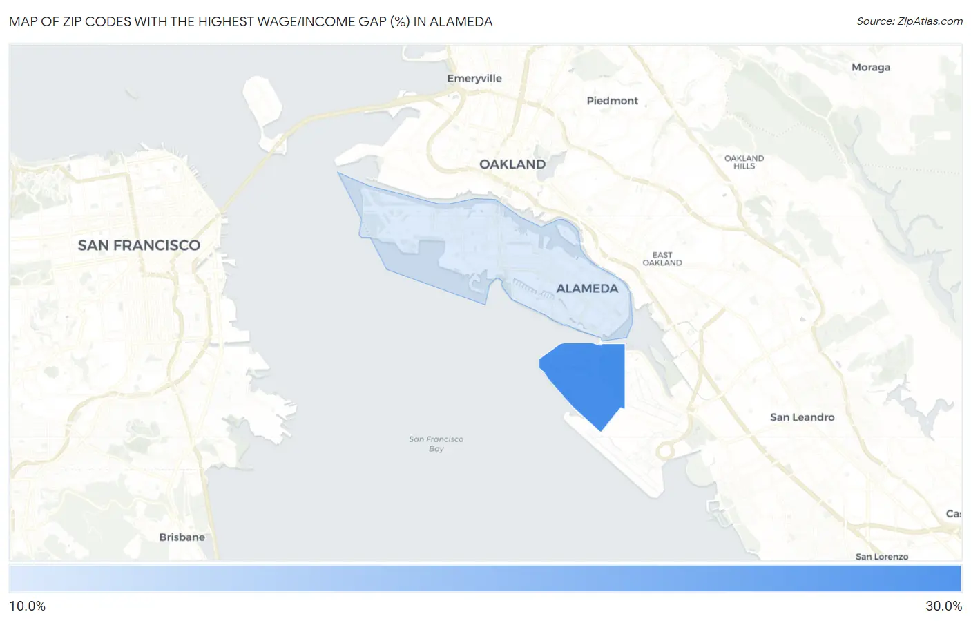 Zip Codes with the Highest Wage/Income Gap (%) in Alameda Map