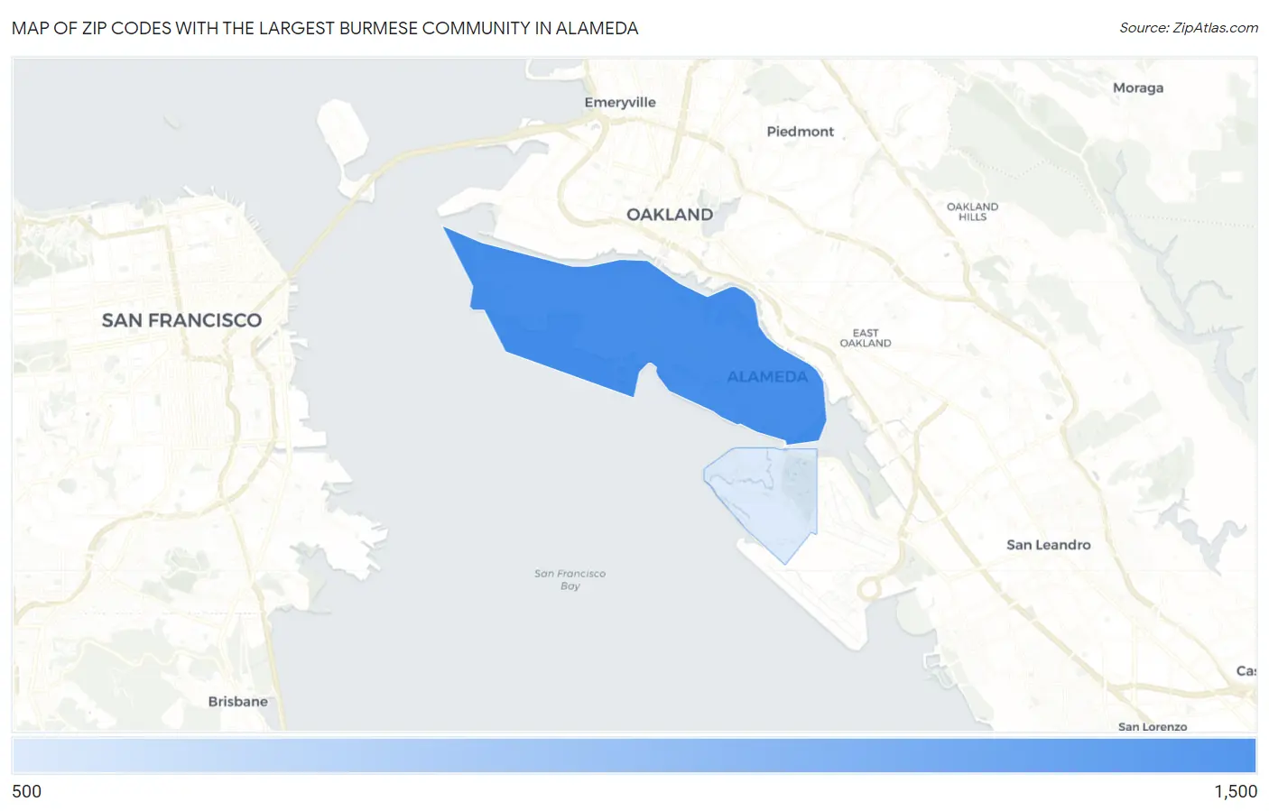 Zip Codes with the Largest Burmese Community in Alameda Map