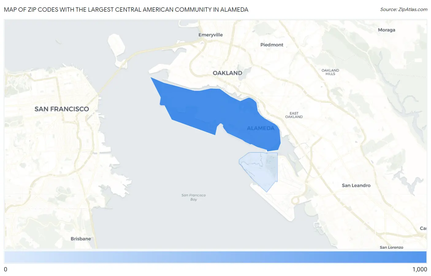 Zip Codes with the Largest Central American Community in Alameda Map
