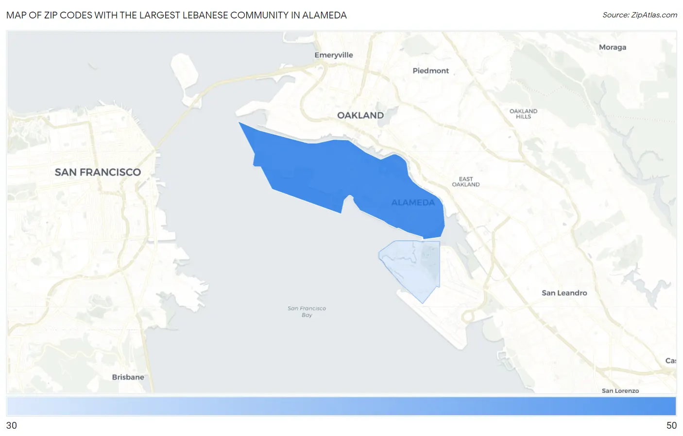 Zip Codes with the Largest Lebanese Community in Alameda Map