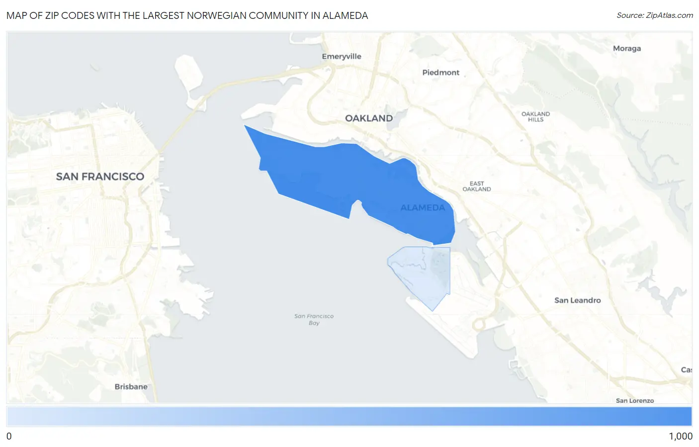 Zip Codes with the Largest Norwegian Community in Alameda Map