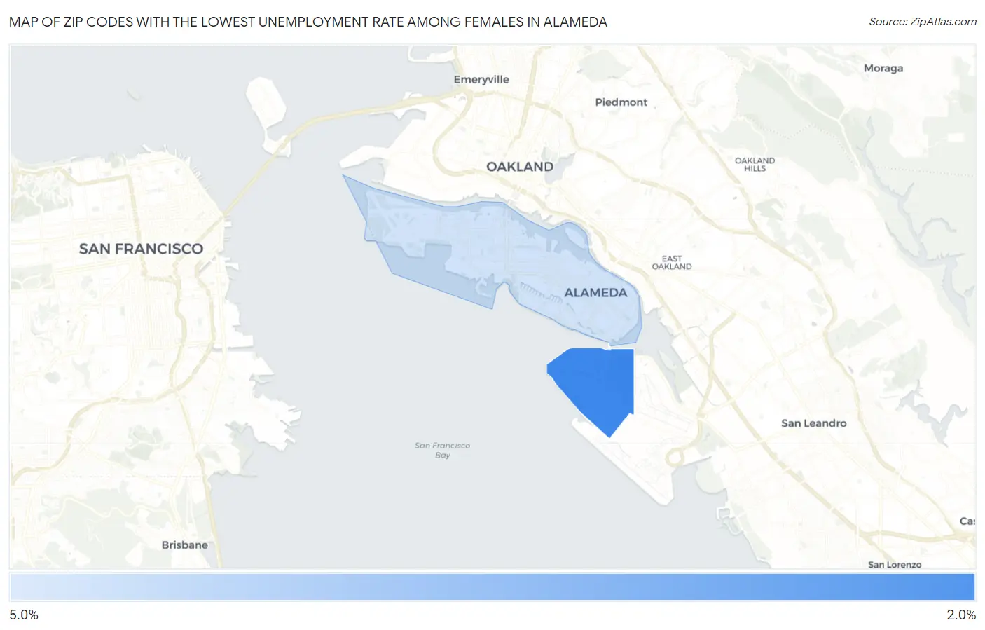 Zip Codes with the Lowest Unemployment Rate Among Females in Alameda Map