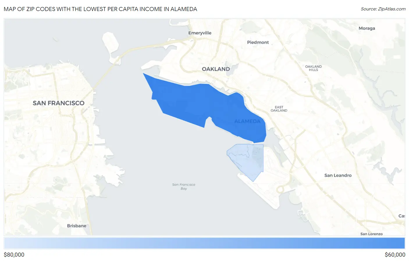 Zip Codes with the Lowest Per Capita Income in Alameda Map