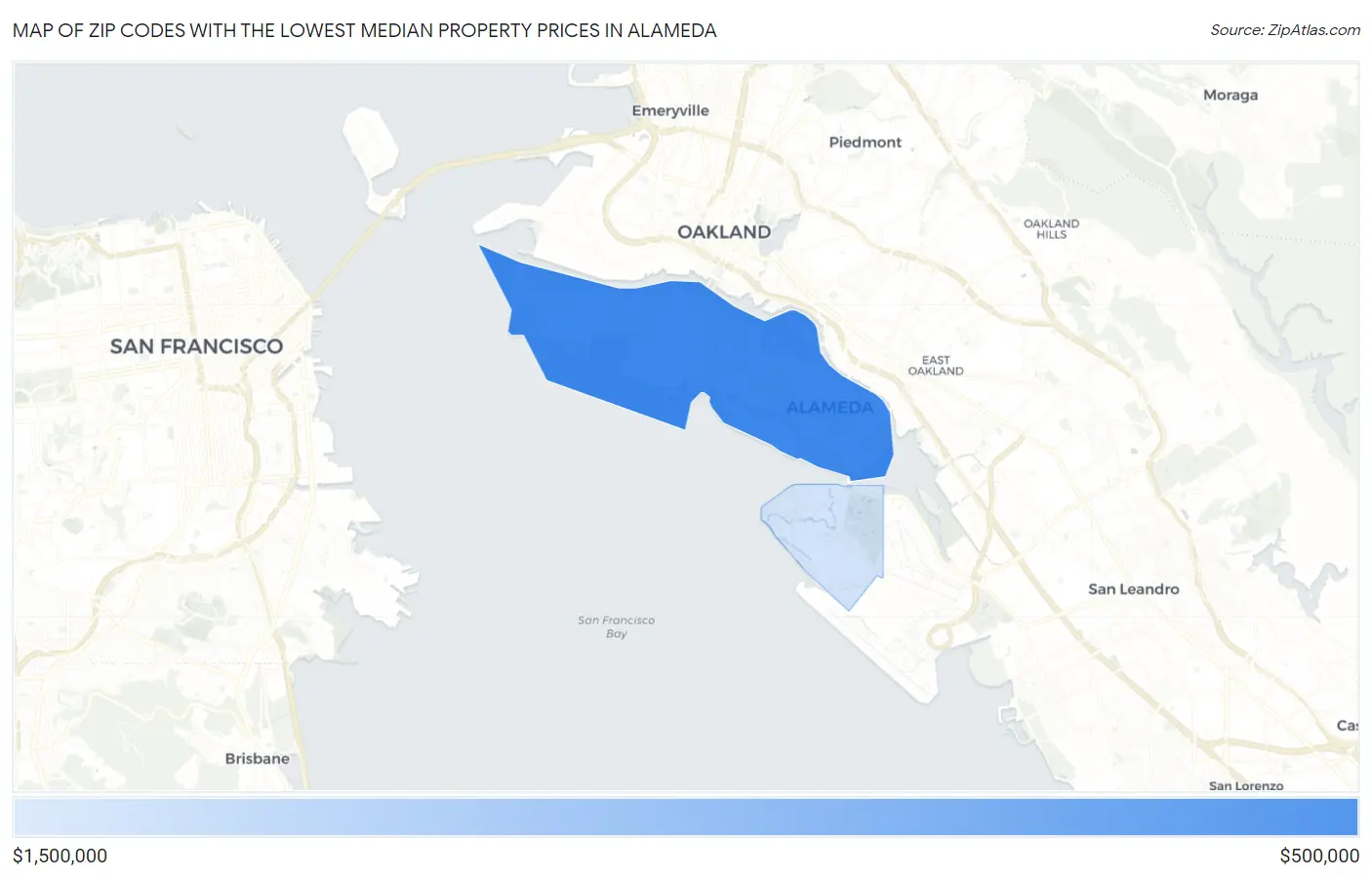 Zip Codes with the Lowest Median Property Prices in Alameda Map