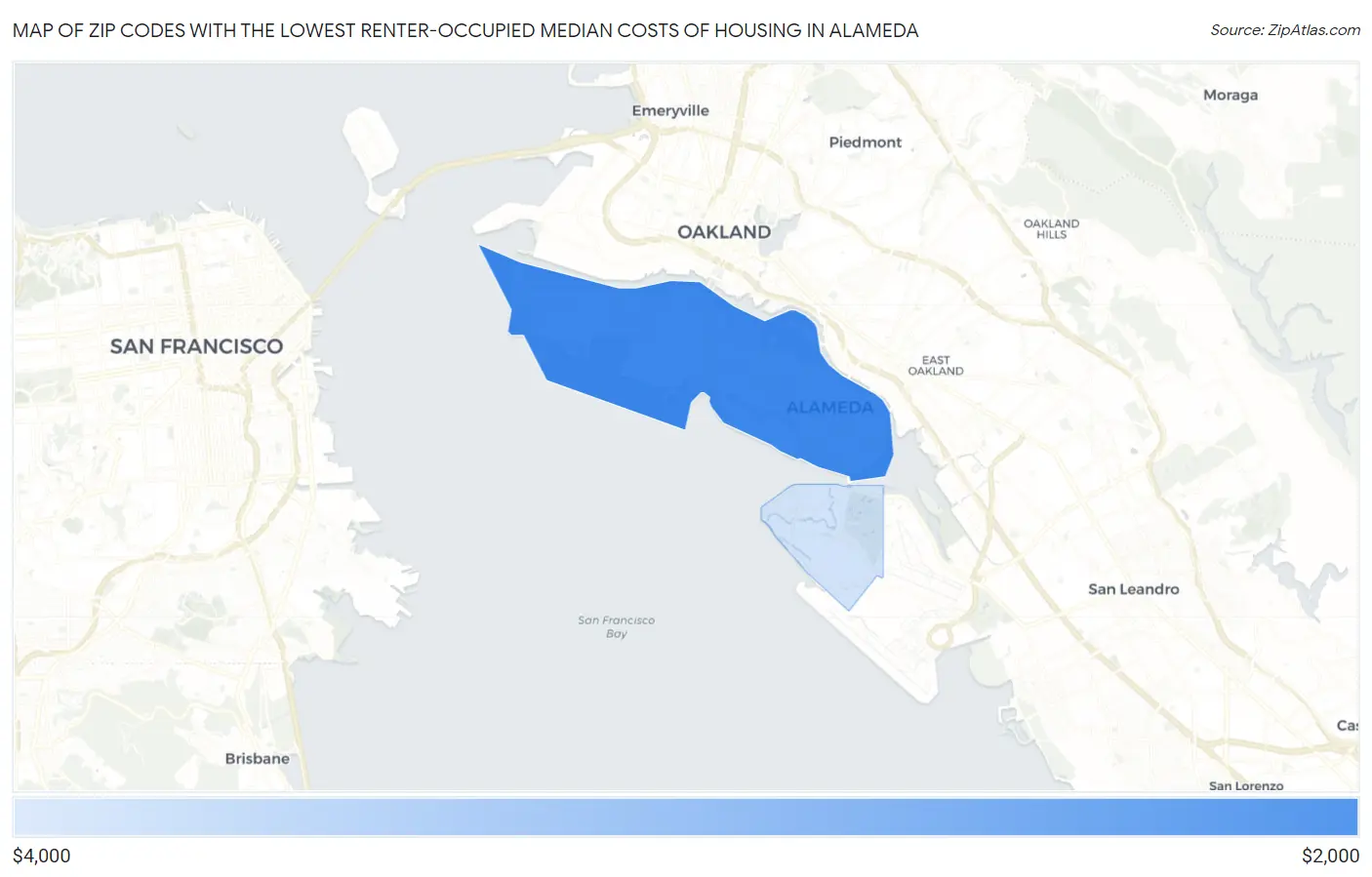 Zip Codes with the Lowest Renter-Occupied Median Costs of Housing in Alameda Map
