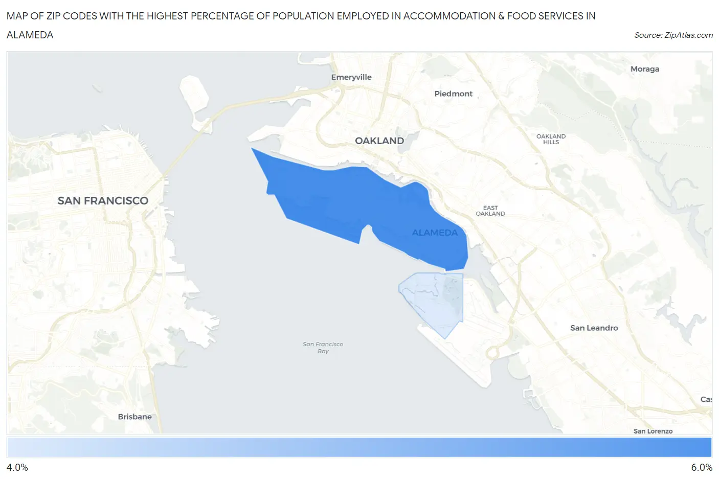 Zip Codes with the Highest Percentage of Population Employed in Accommodation & Food Services in Alameda Map