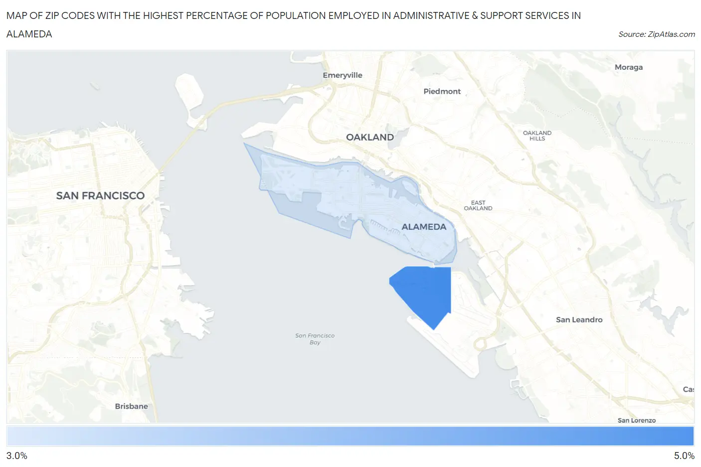 Zip Codes with the Highest Percentage of Population Employed in Administrative & Support Services in Alameda Map