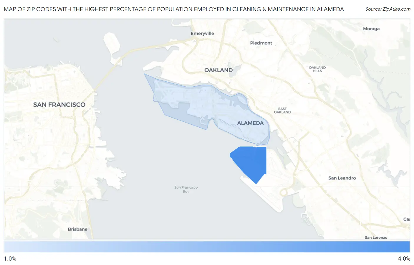 Zip Codes with the Highest Percentage of Population Employed in Cleaning & Maintenance in Alameda Map