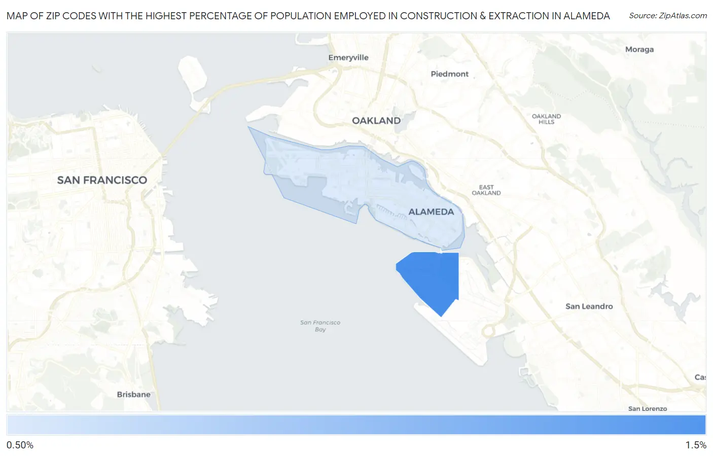 Zip Codes with the Highest Percentage of Population Employed in Construction & Extraction in Alameda Map