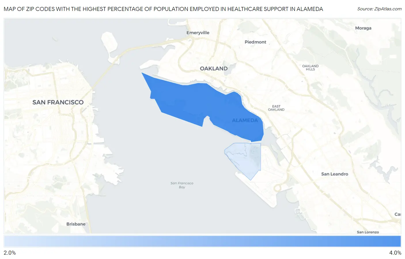 Zip Codes with the Highest Percentage of Population Employed in Healthcare Support in Alameda Map