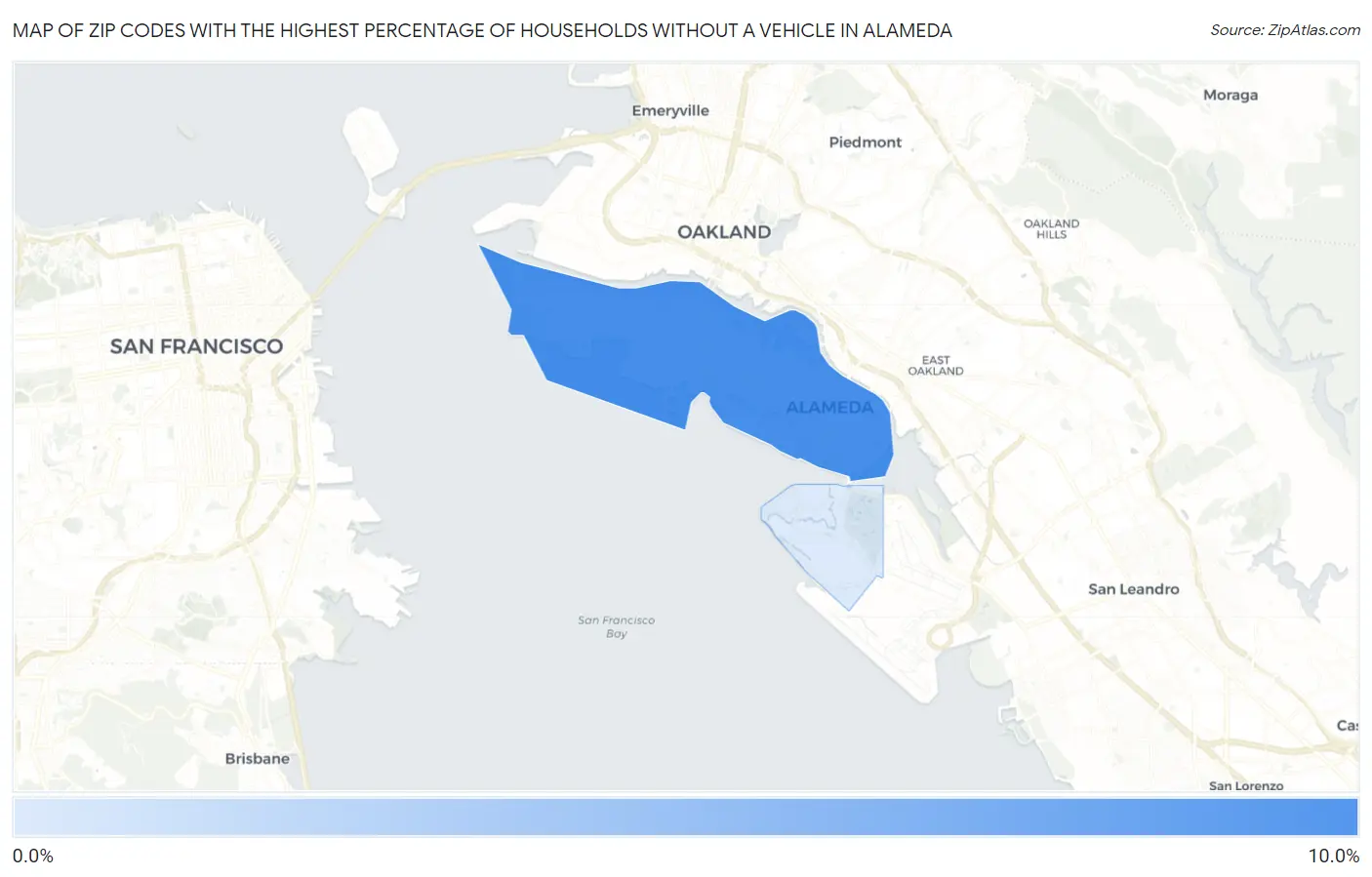 Zip Codes with the Highest Percentage of Households Without a Vehicle in Alameda Map