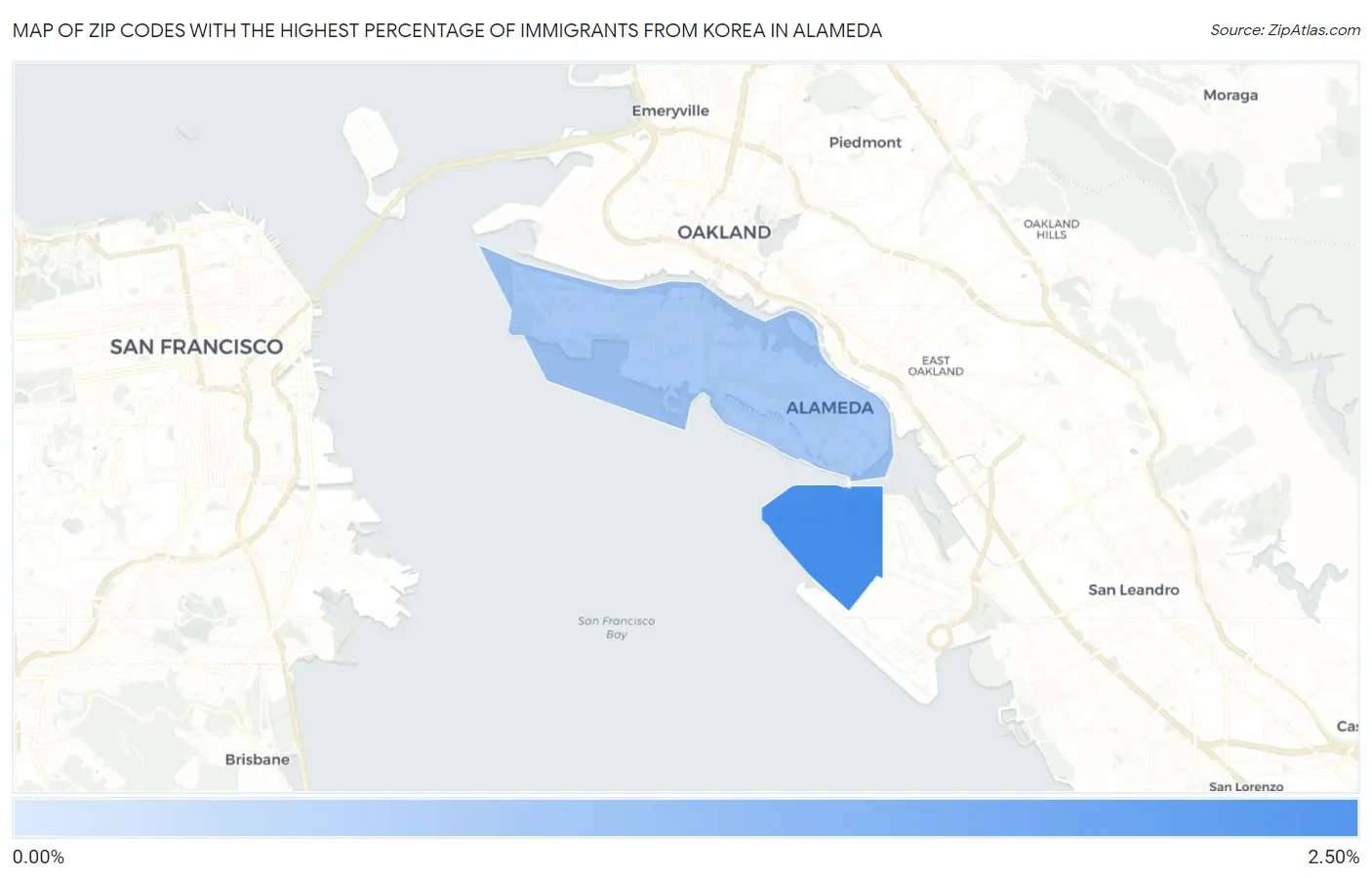 Zip Codes with the Highest Percentage of Immigrants from Korea in Alameda Map