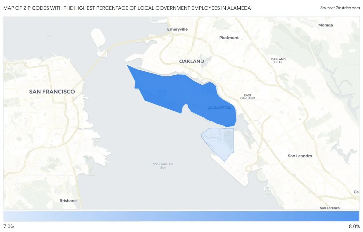 Zip Codes with the Highest Percentage of Local Government Employees in Alameda Map