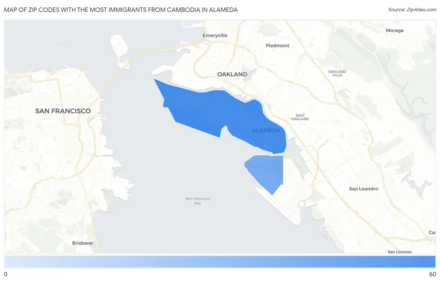 Zip Codes with the Most Immigrants from Cambodia in Alameda Map