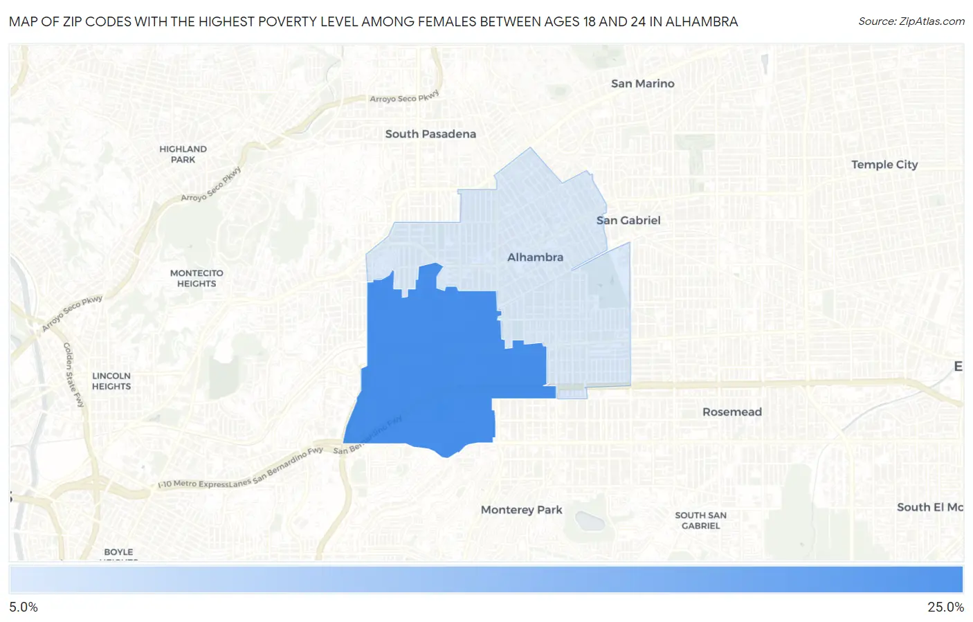 Zip Codes with the Highest Poverty Level Among Females Between Ages 18 and 24 in Alhambra Map