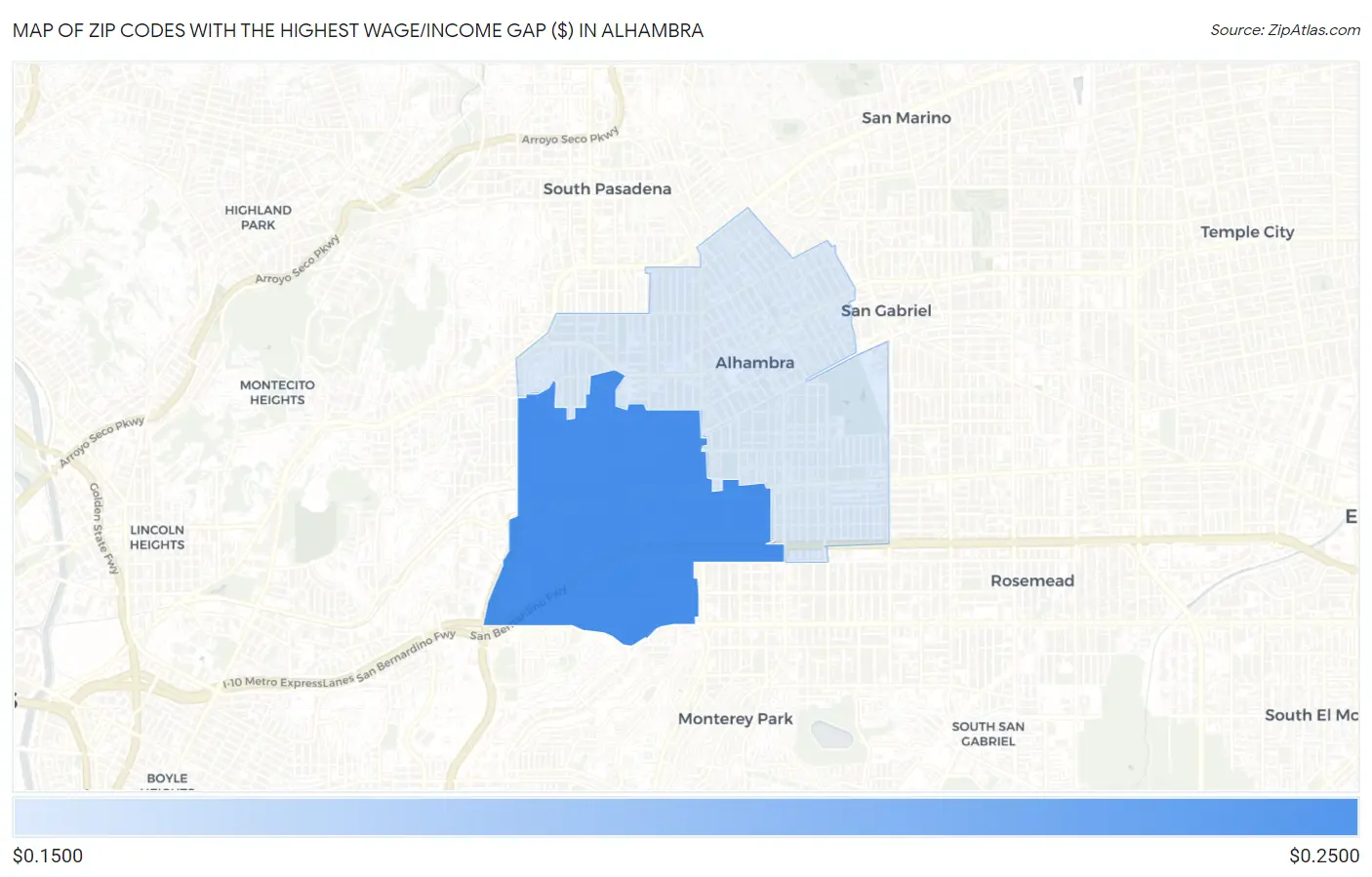 Zip Codes with the Highest Wage/Income Gap ($) in Alhambra Map
