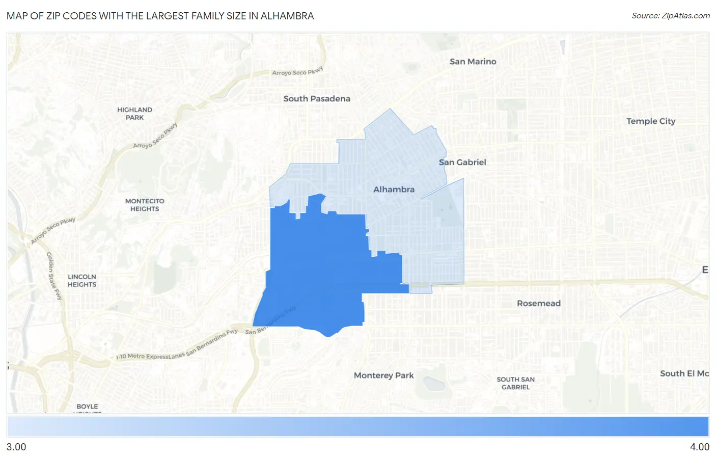 Zip Codes with the Largest Family Size in Alhambra Map
