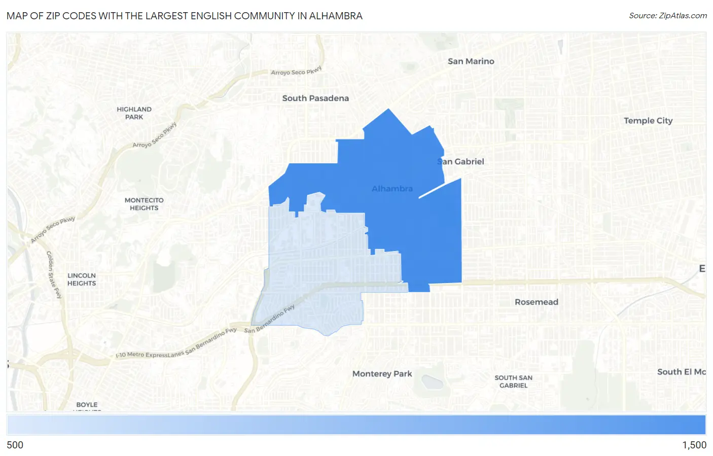 Zip Codes with the Largest English Community in Alhambra Map