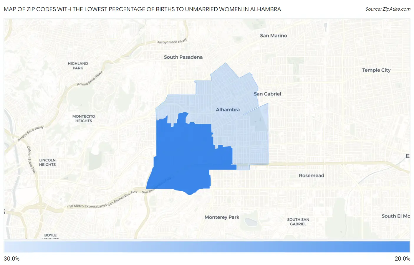 Zip Codes with the Lowest Percentage of Births to Unmarried Women in Alhambra Map