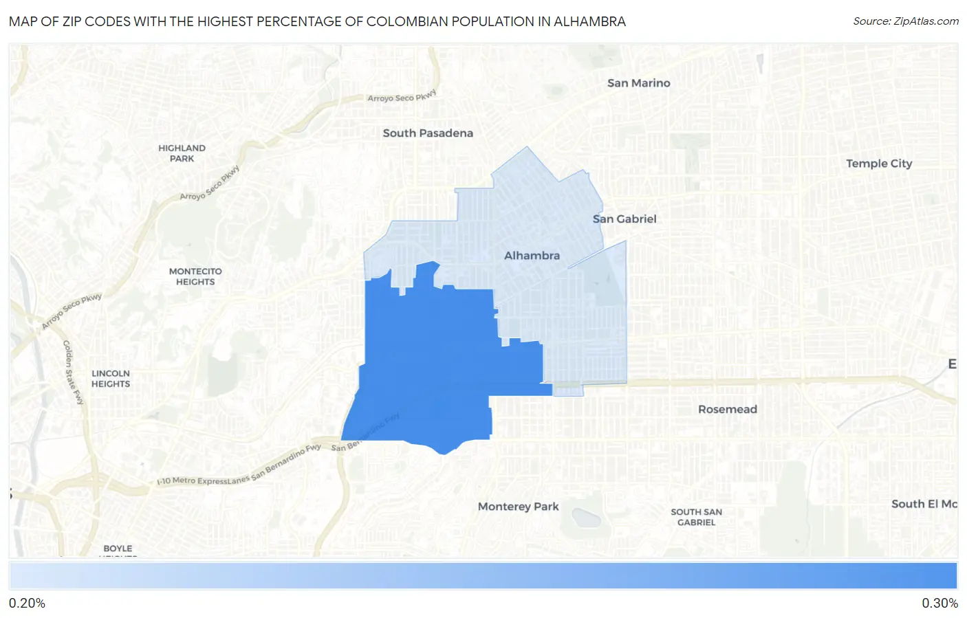 Zip Codes with the Highest Percentage of Colombian Population in Alhambra Map