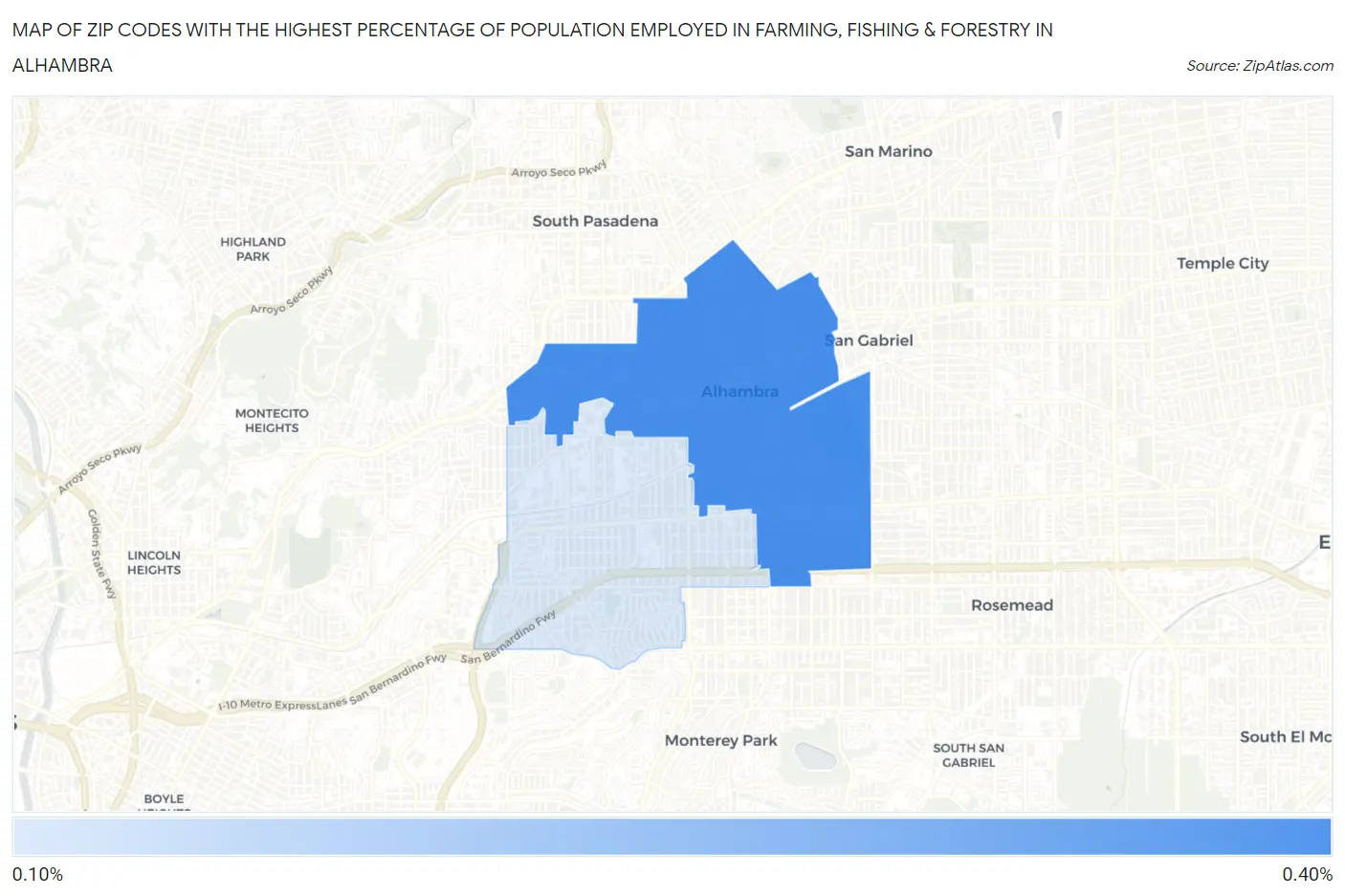 Zip Codes with the Highest Percentage of Population Employed in Farming, Fishing & Forestry in Alhambra Map