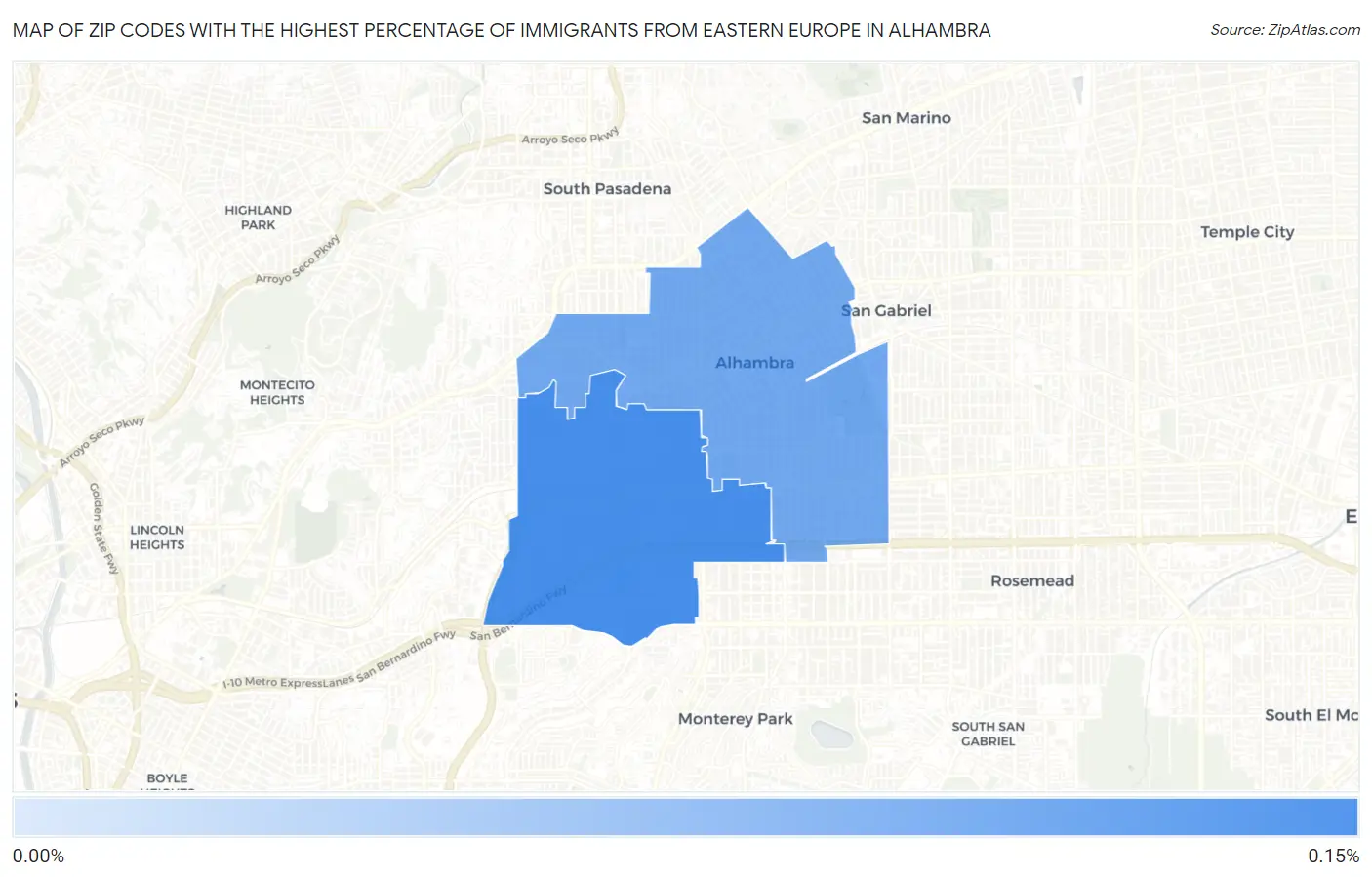Zip Codes with the Highest Percentage of Immigrants from Eastern Europe in Alhambra Map