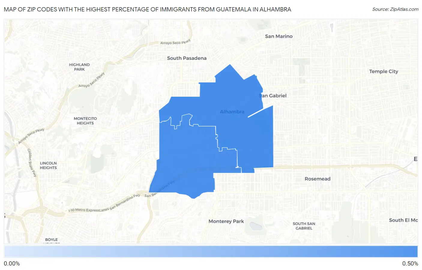 Zip Codes with the Highest Percentage of Immigrants from Guatemala in Alhambra Map
