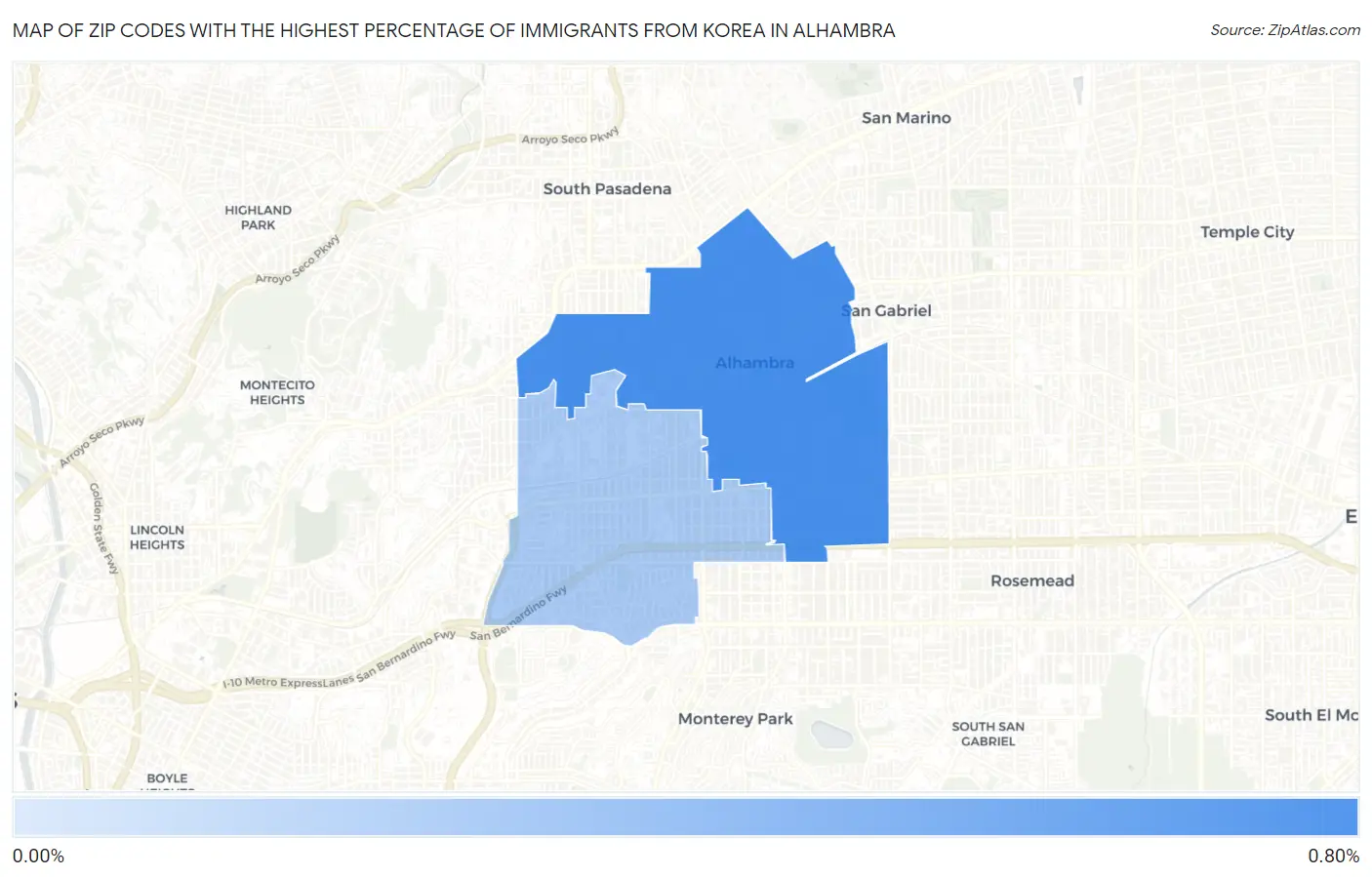 Zip Codes with the Highest Percentage of Immigrants from Korea in Alhambra Map