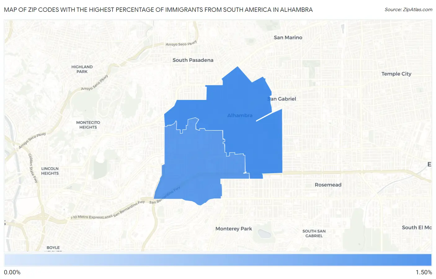 Zip Codes with the Highest Percentage of Immigrants from South America in Alhambra Map