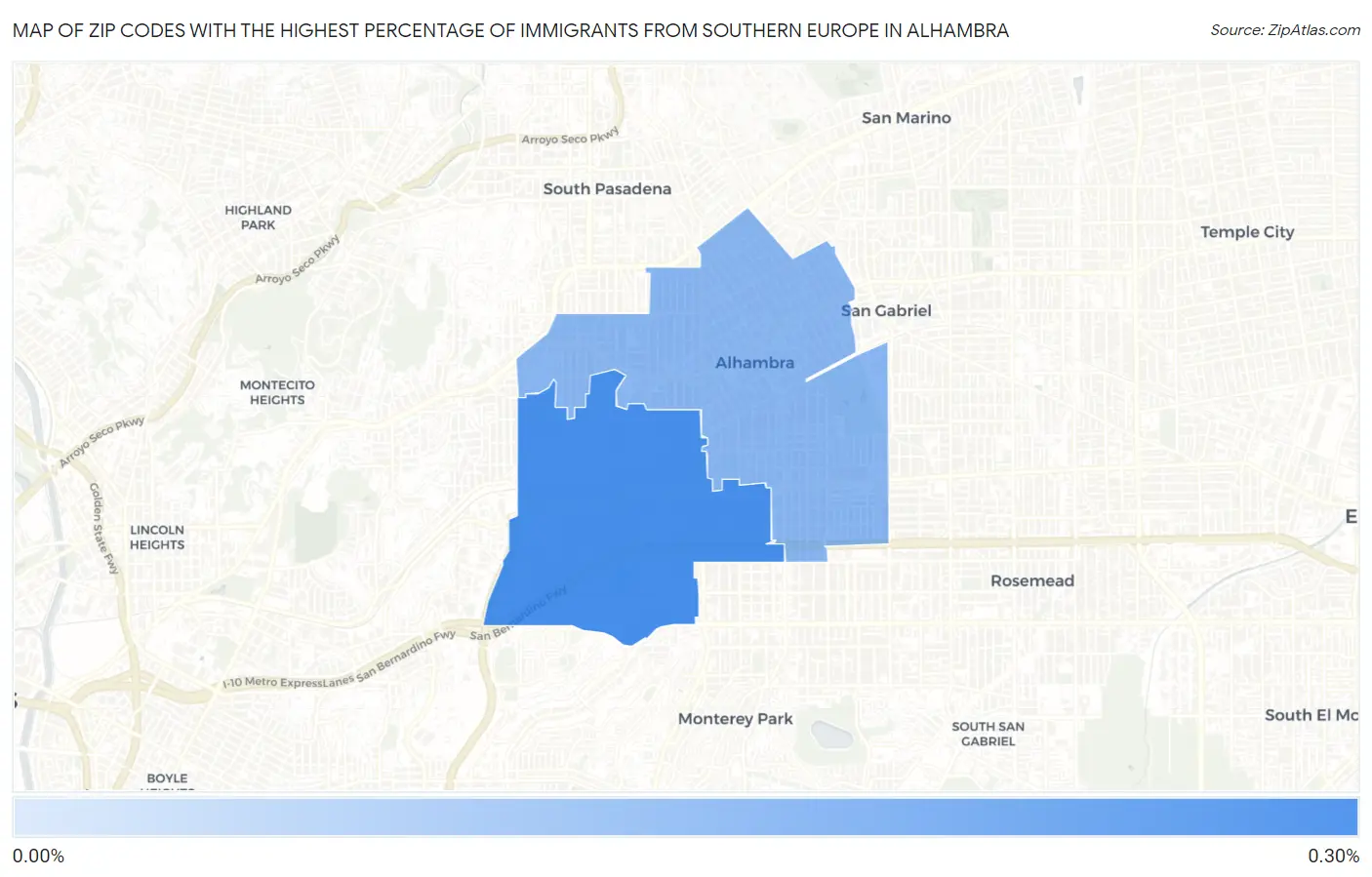 Zip Codes with the Highest Percentage of Immigrants from Southern Europe in Alhambra Map