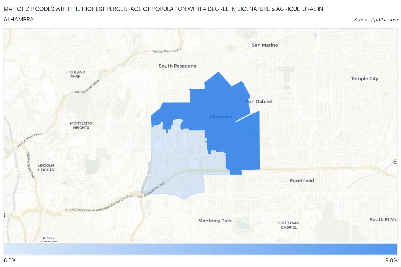 Zip Codes with the Highest Percentage of Population with a Degree in Bio, Nature & Agricultural in Alhambra Map
