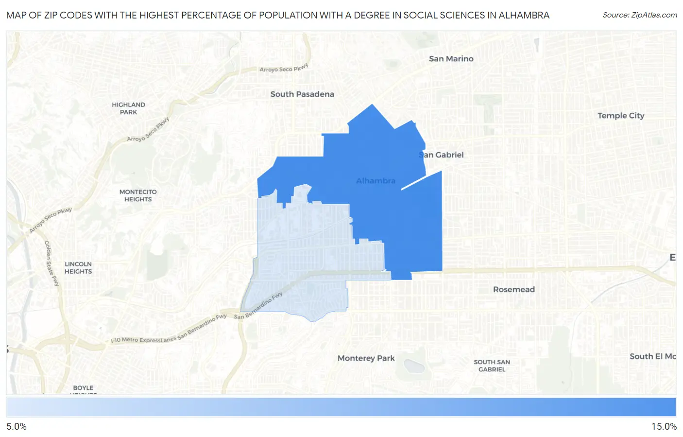 Zip Codes with the Highest Percentage of Population with a Degree in Social Sciences in Alhambra Map