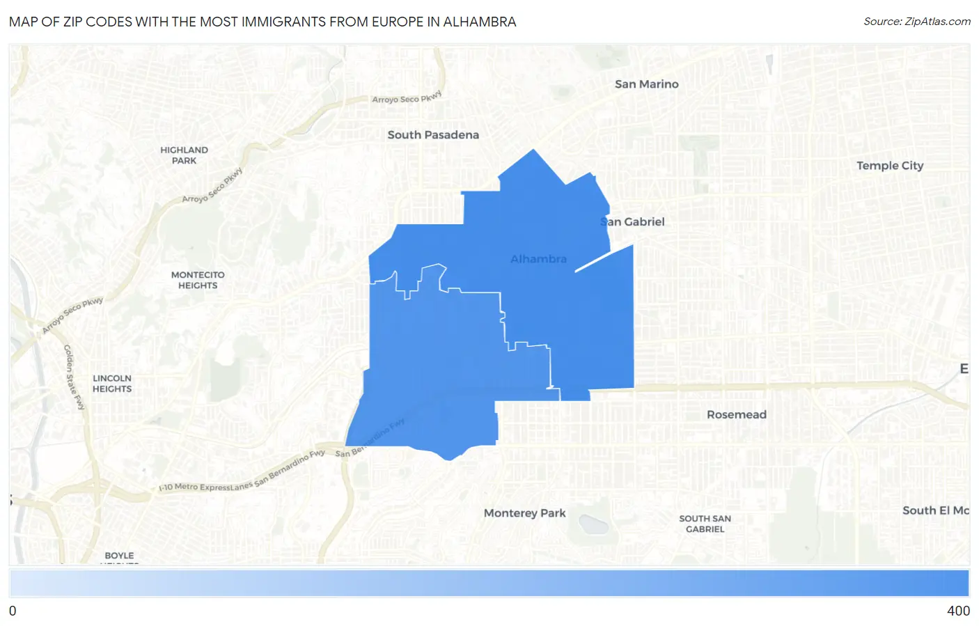 Zip Codes with the Most Immigrants from Europe in Alhambra Map