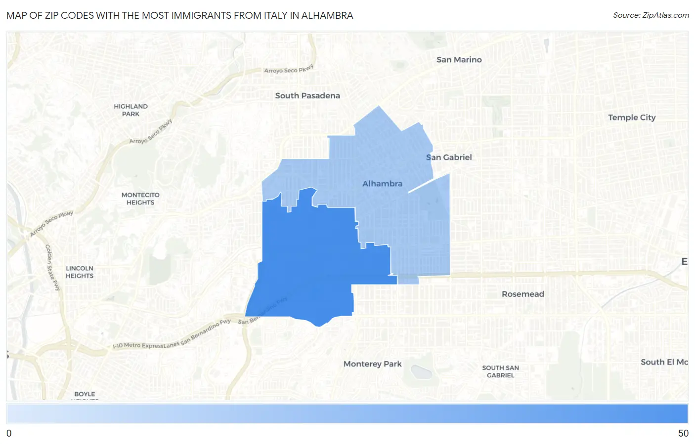 Zip Codes with the Most Immigrants from Italy in Alhambra Map