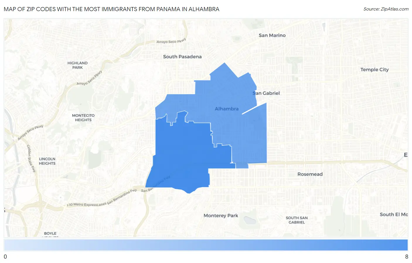 Zip Codes with the Most Immigrants from Panama in Alhambra Map
