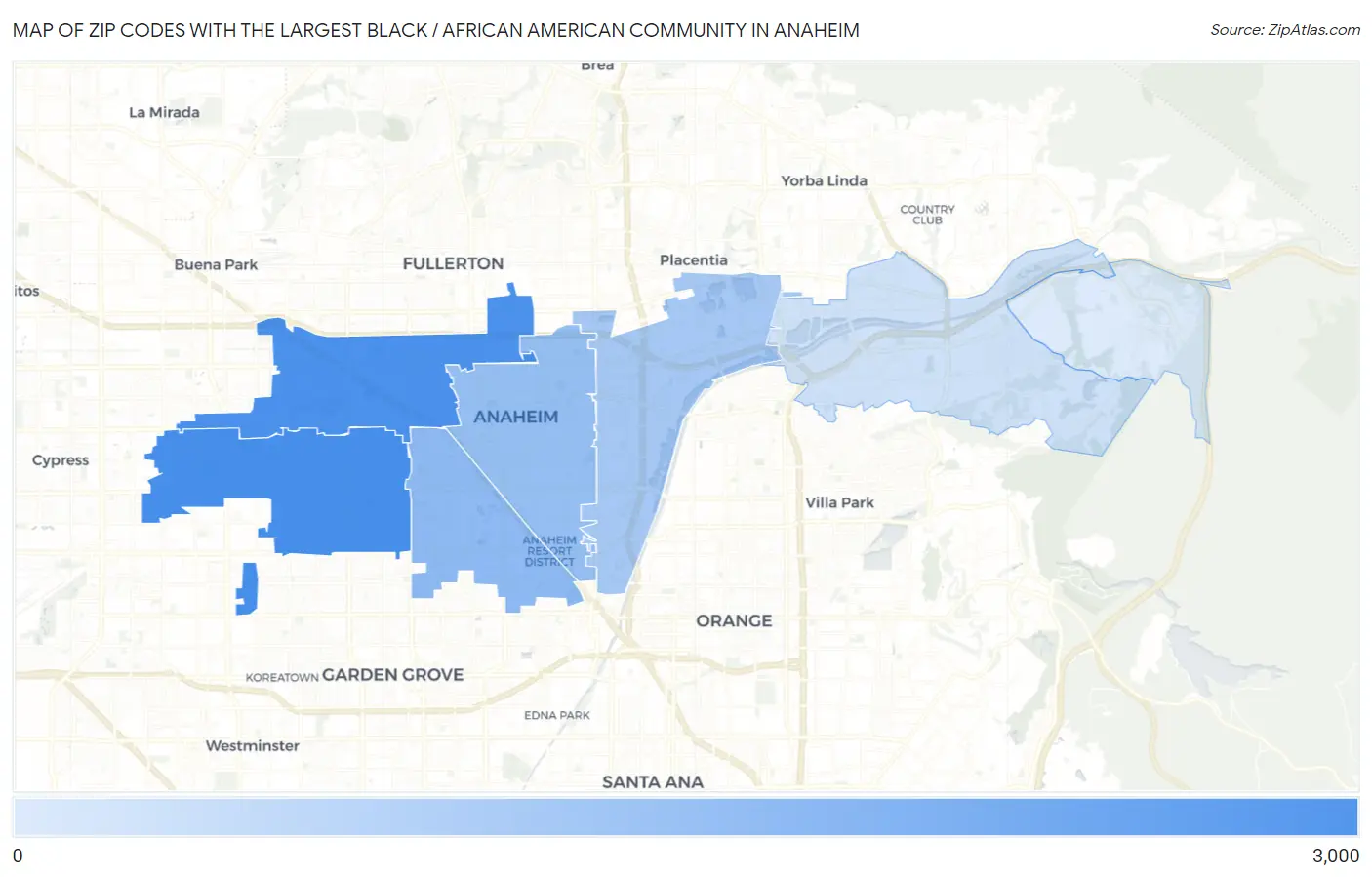 Zip Codes with the Largest Black / African American Community in Anaheim Map