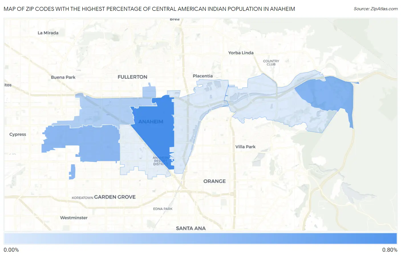 Zip Codes with the Highest Percentage of Central American Indian Population in Anaheim Map