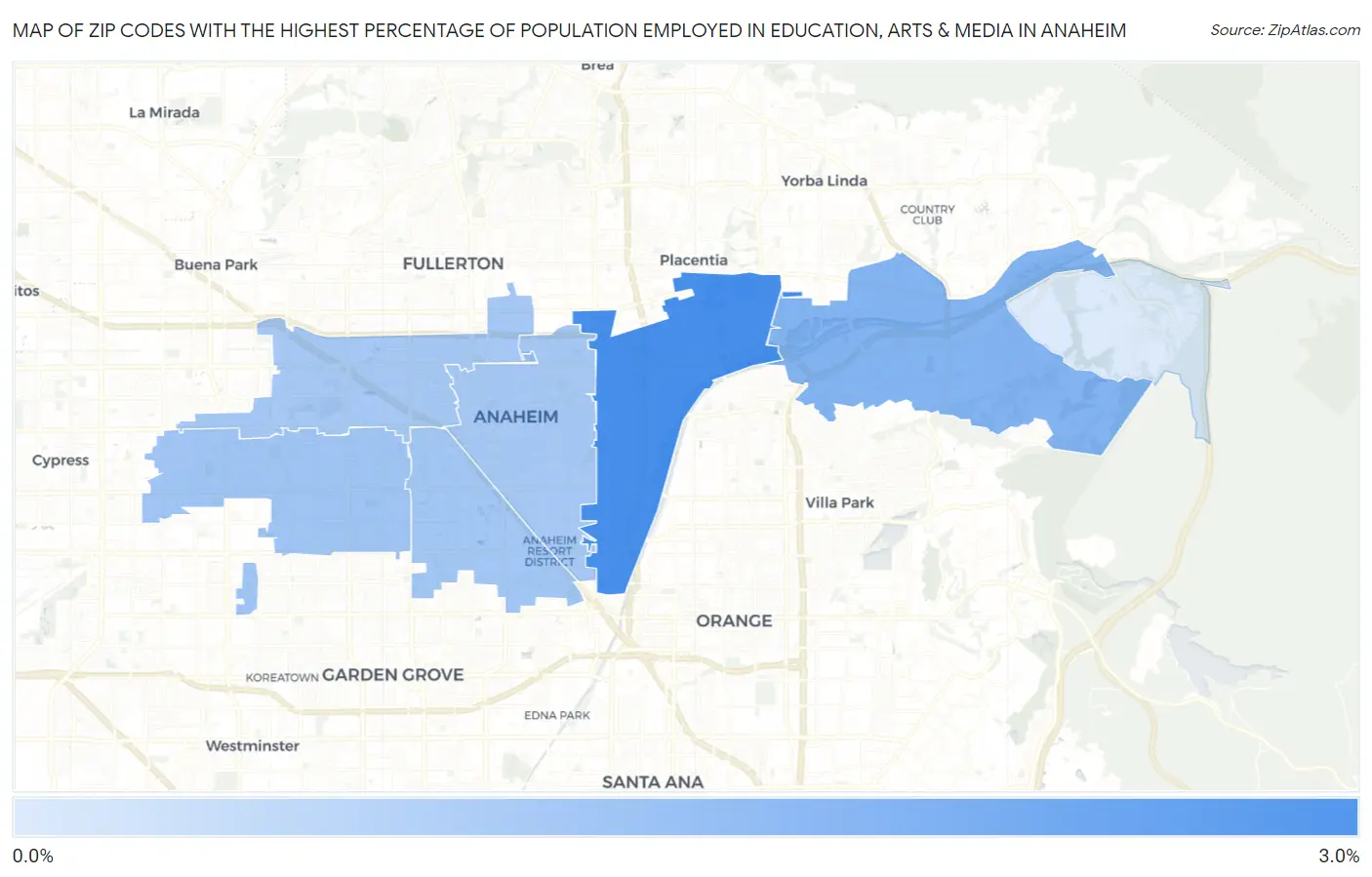 Zip Codes with the Highest Percentage of Population Employed in Education, Arts & Media in Anaheim Map