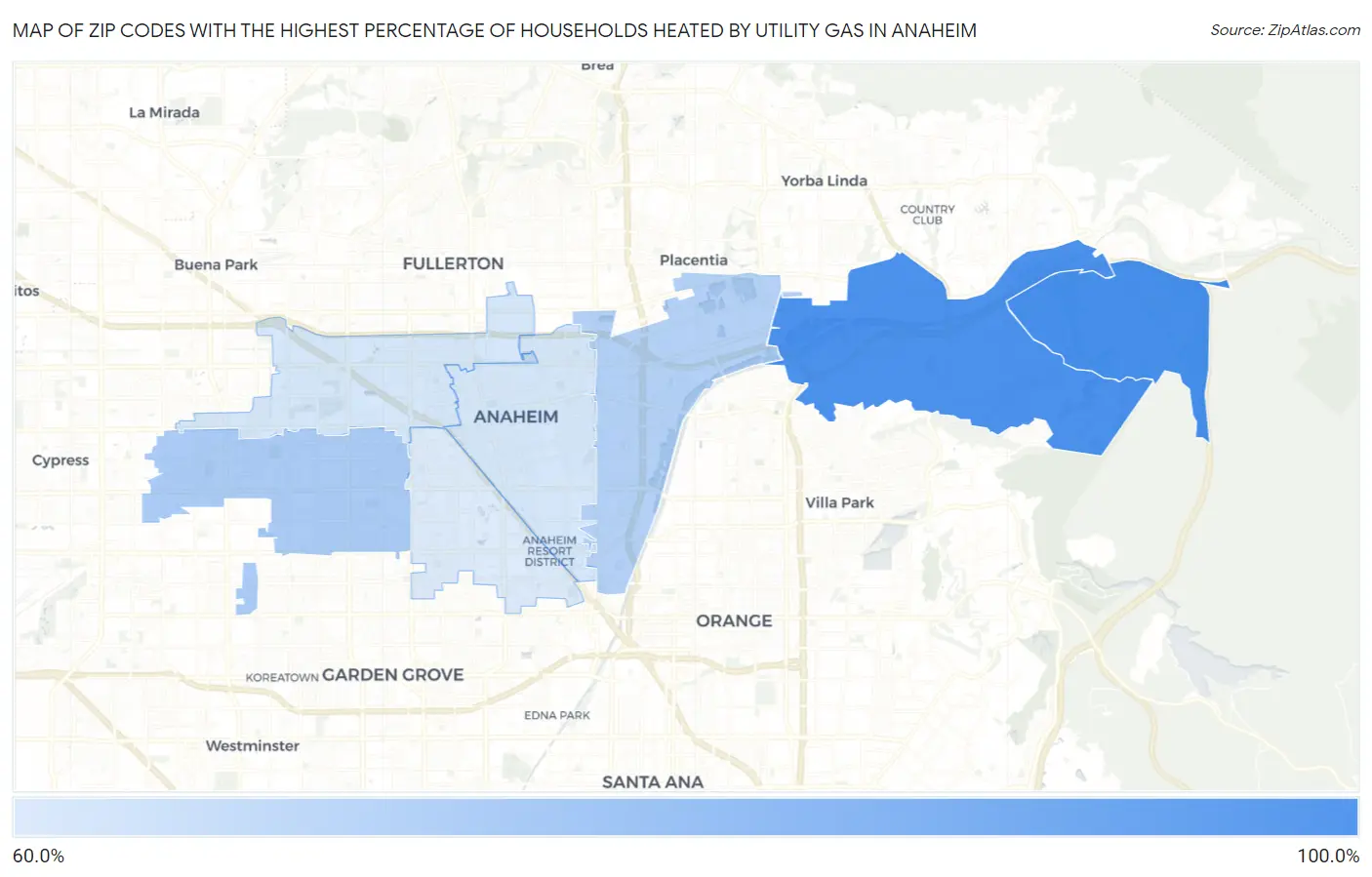 Zip Codes with the Highest Percentage of Households Heated by Utility Gas in Anaheim Map