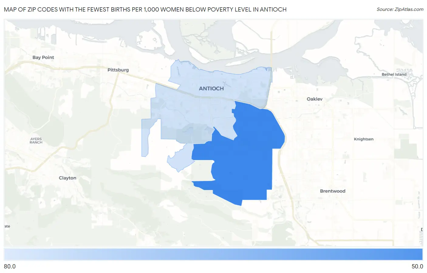 Zip Codes with the Fewest Births per 1,000 Women Below Poverty Level in Antioch Map