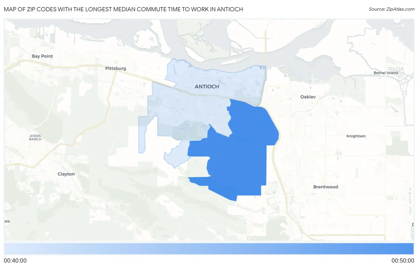 Zip Codes with the Longest Median Commute Time to Work in Antioch Map