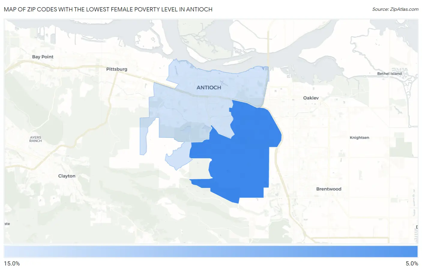Zip Codes with the Lowest Female Poverty Level in Antioch Map