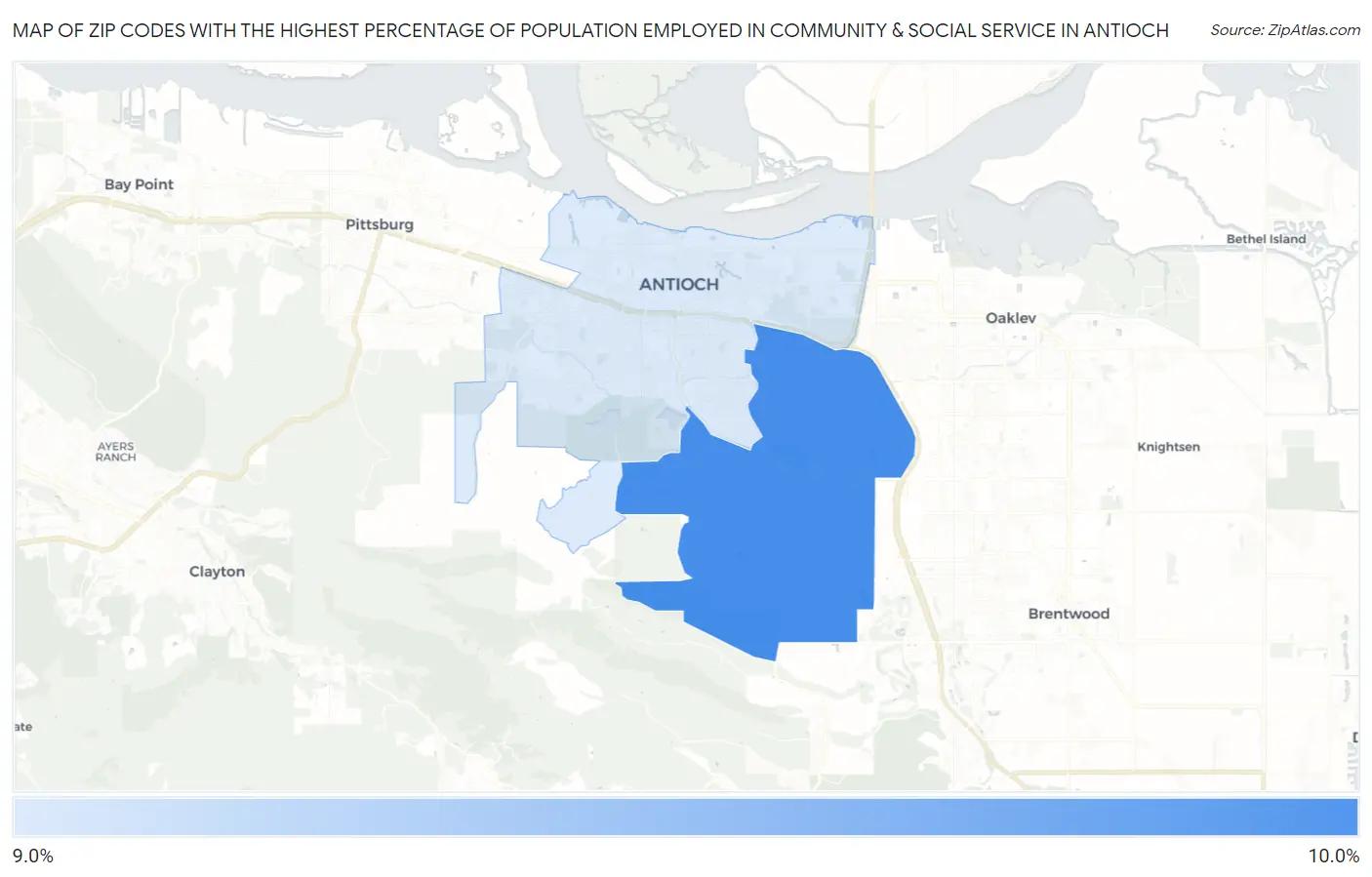 Zip Codes with the Highest Percentage of Population Employed in Community & Social Service  in Antioch Map