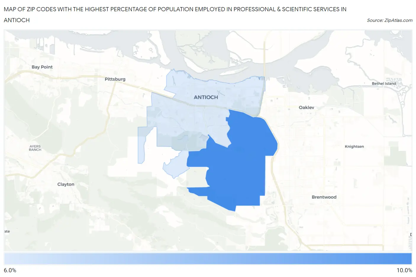 Zip Codes with the Highest Percentage of Population Employed in Professional & Scientific Services in Antioch Map