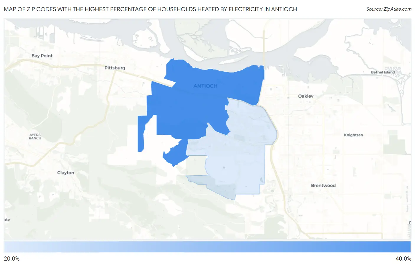 Zip Codes with the Highest Percentage of Households Heated by Electricity in Antioch Map