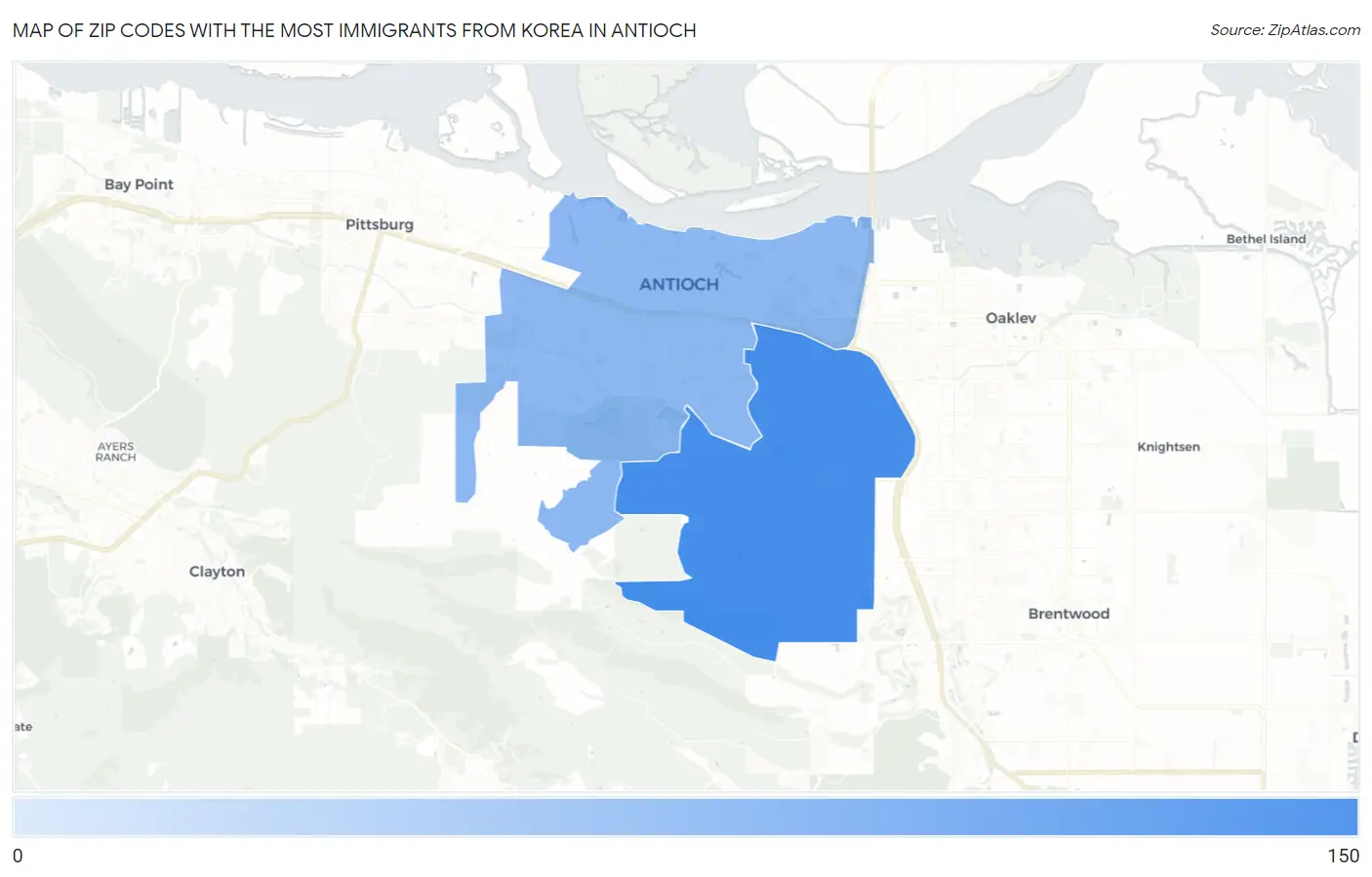 Zip Codes with the Most Immigrants from Korea in Antioch Map