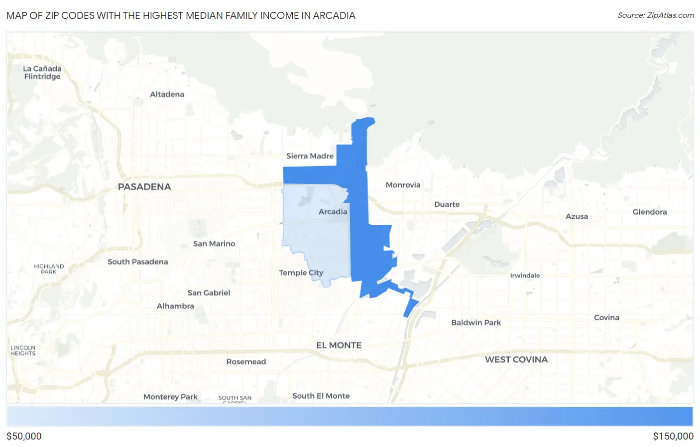 Zip Codes with the Highest Median Family Income in Arcadia Map