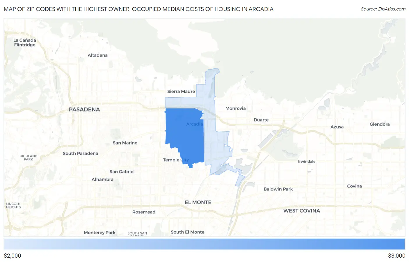 Zip Codes with the Highest Owner-Occupied Median Costs of Housing in Arcadia Map